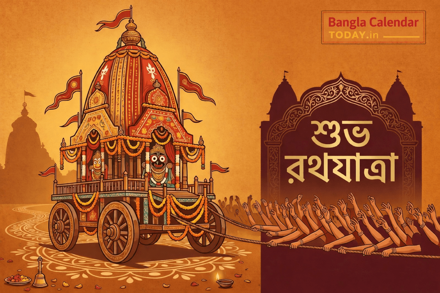 Ratha Jatra 2026 — Lord Jagannath, Balabhadra, and Subhadra grand chariot festival celebrations in Puri, Odisha, Mahesh, and major cities across India