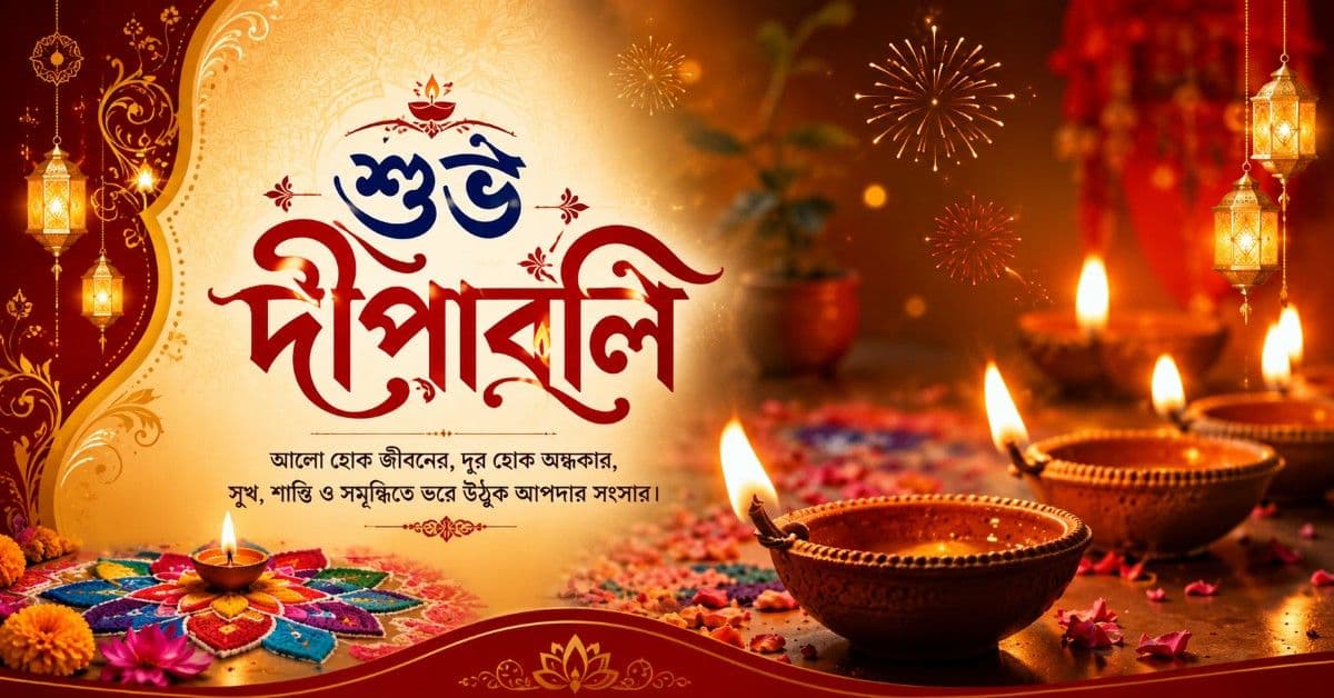 Diwali 2026 - Subho Deepavali greetings with beautifully lit oil lamps and decorations